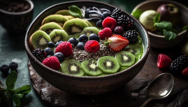 Tazón rústico de parfait de yogur de bayas frescas generado por IA