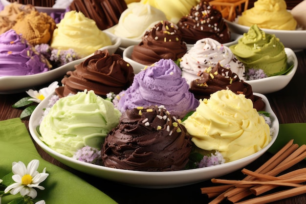 Tazón de sabores variados de helado con coberturas Celebración del día del helado IA generativa