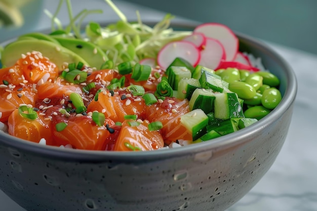 Un tazón de salmón con arroz de aguacate y verduras.