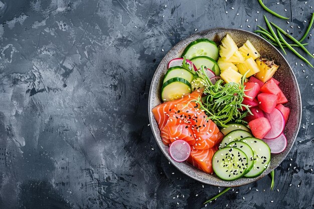 Un tazón de salmón hawaiano con ingredientes frescos y espacio para copiar