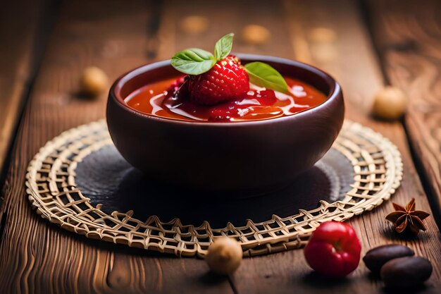 Foto un tazón de salsa de fresa con una cuchara en él