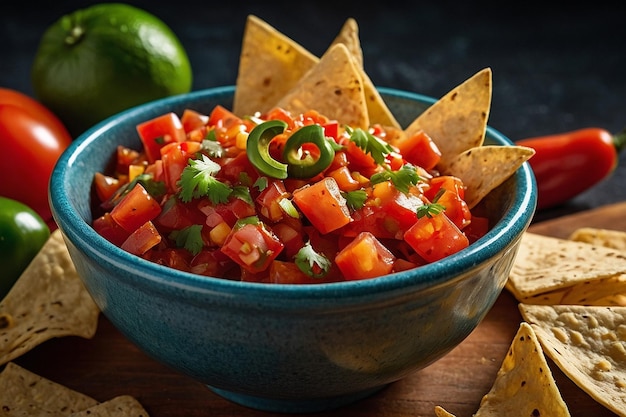 Foto un tazón de salsa con papas fritas de tortilla