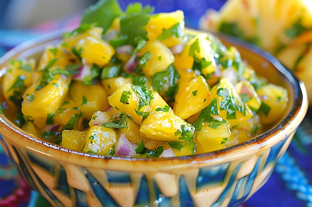 Un tazón de salsa de piña con trozos de fruta