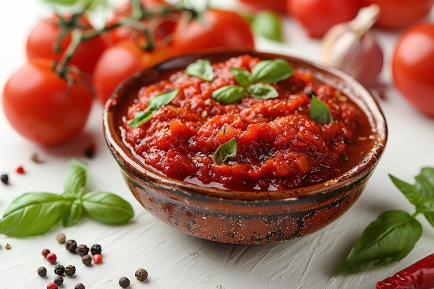 Un tazón de salsa de tomate con albahaca y pimienta en el lado y tomates y pimientas en el lado