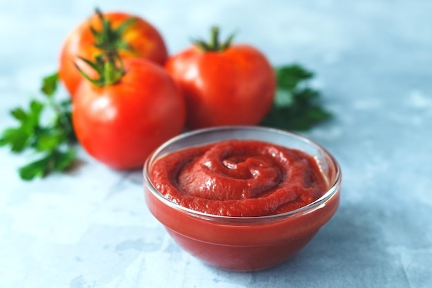 Tazón de salsa de tomate o ketchup con tomates frescos