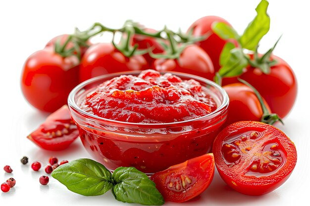 Un tazón de salsa de tomate rodeado de tomates y hojas de albahaca en una superficie blanca con unos pocos