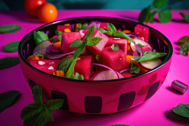 Un tazón de sandía, pepino y cebollas en una mesa rosa Imagen generativa de IA