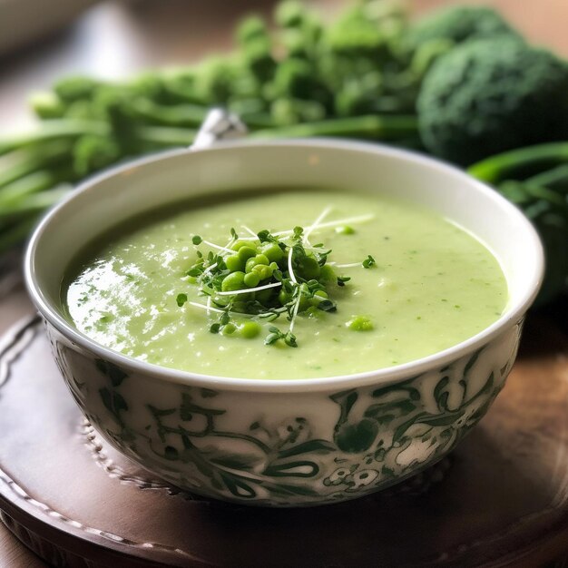 Un tazón de sopa de brócoli con una sopa verde en él.