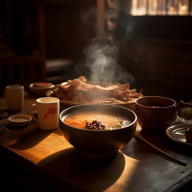 Un tazón de sopa caliente con una taza y tazones sobre una mesa de madera