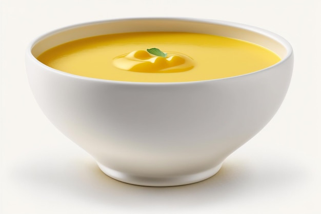 Un tazón de sopa de crema amarilla con una hoja verde en la parte superior aislada en una imagen de ilustración de fondo blanco