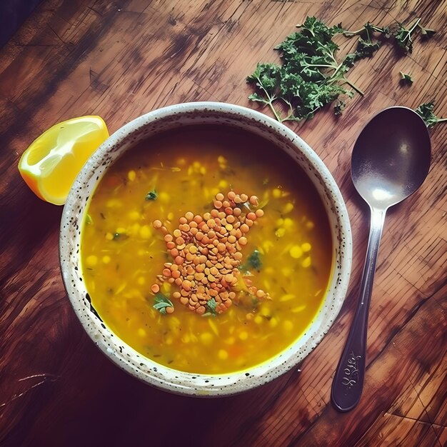 Foto un tazón de sopa con una cuchara al lado y una cuchara con una hierba verde.