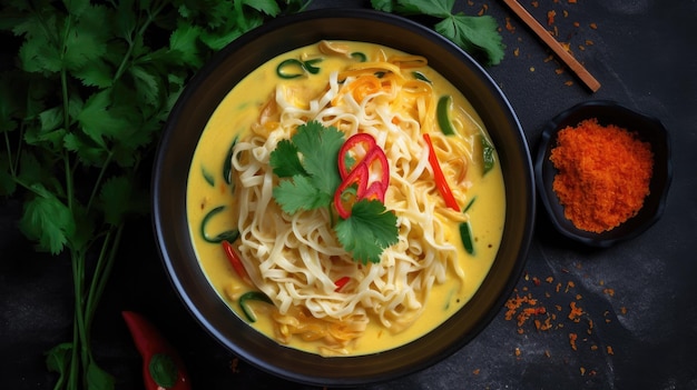 Un tazón de sopa de fideos amarillos con chile y cilantro encima.