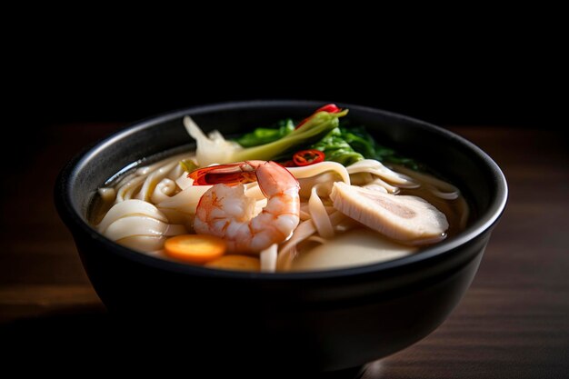 Un tazón de sopa de fideos con un chile rojo encima.