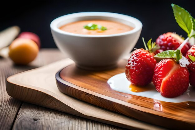 un tazón de sopa con fresas y un tazó de sopa.