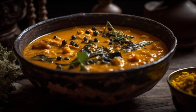 Un tazón de sopa de frijoles negros con hojas a un lado