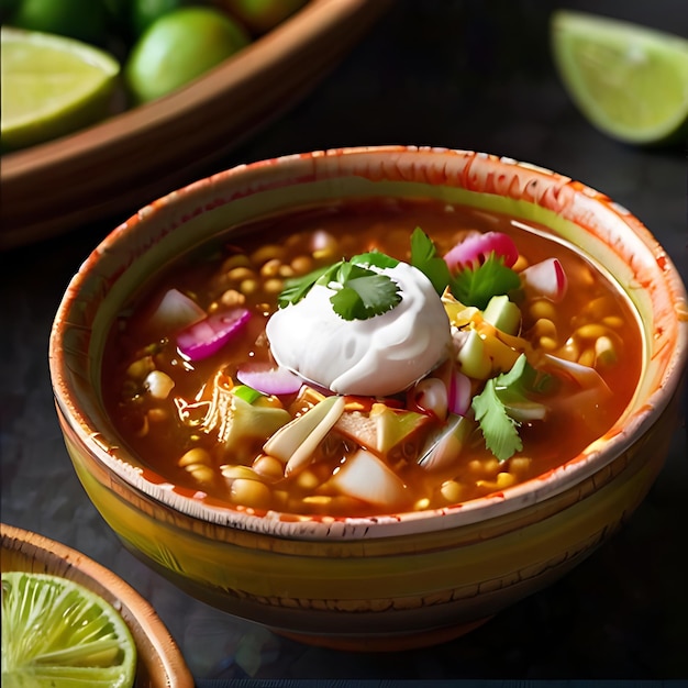 un tazón de sopa con una lima verde en el lado