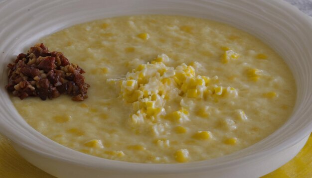 Foto un tazón de sopa con maíz y pedazos de tocino