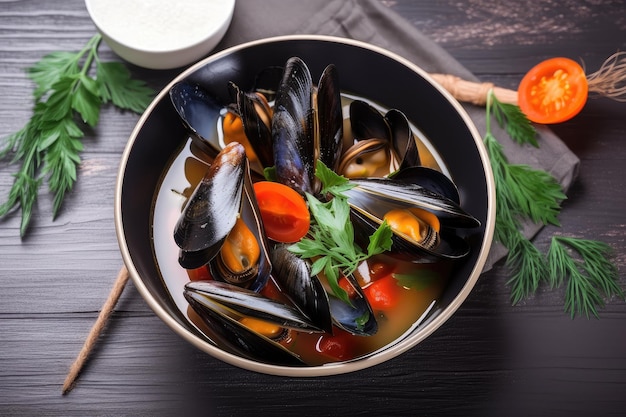 Tazón de sopa de mariscos con mejillones y tomates cherry