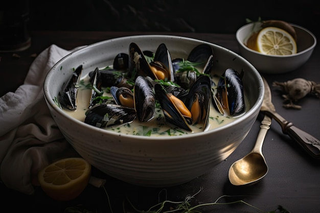 Tazón de sopa de mejillones cubierto con hierbas frescas y especias