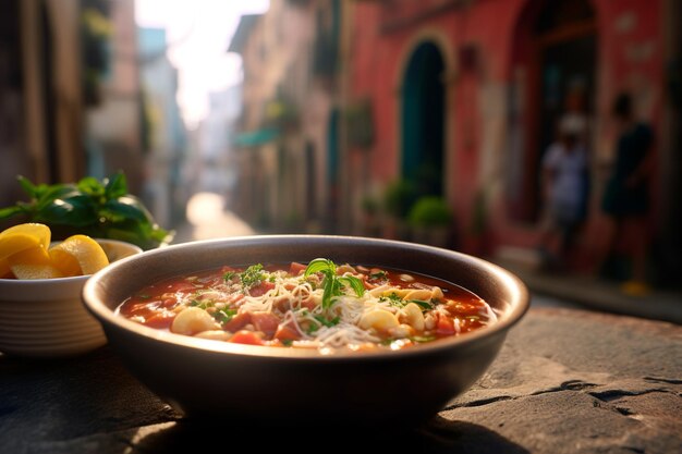 tazón de sopa minestrone lleno de verduras y frijoles vibrantes con la calle colorida y bulliciosa