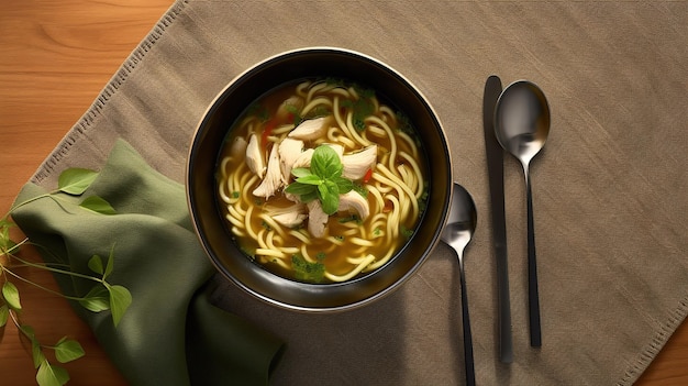 Un tazón de sopa de pollo con fideos con una servilleta verde al lado