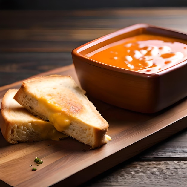 Un tazón de sopa y un sándwich en una tabla de madera.