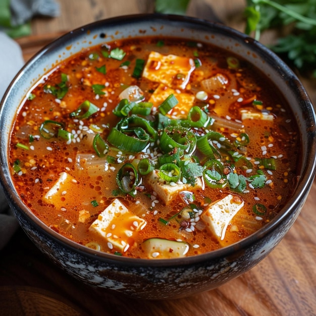 un tazón de sopa con un tazó de arroz y verduras