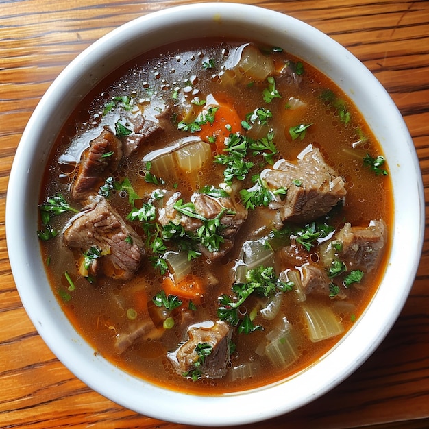 Foto un tazón de sopa con un tazó de carne de res y cebollas