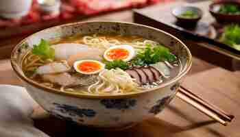 Foto un tazón de sopa con un tazó de fideos y carne