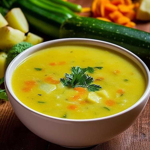 Un tazón de sopa con un tazó de sopa y un pepino en el lado.