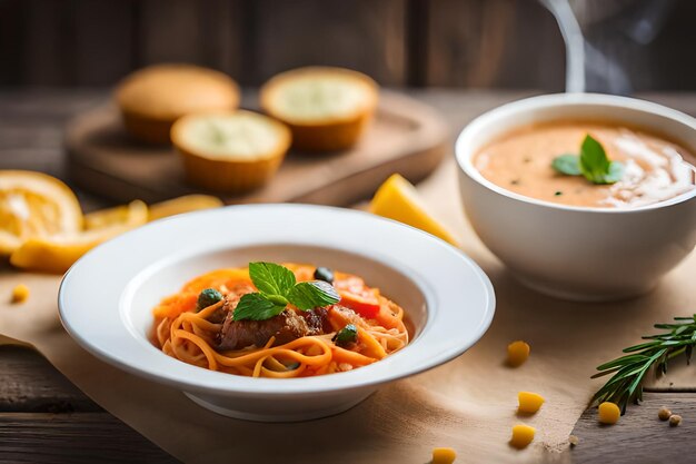 un tazón de sopa con un tazó de supa con una cuchara y un plato de pasta.