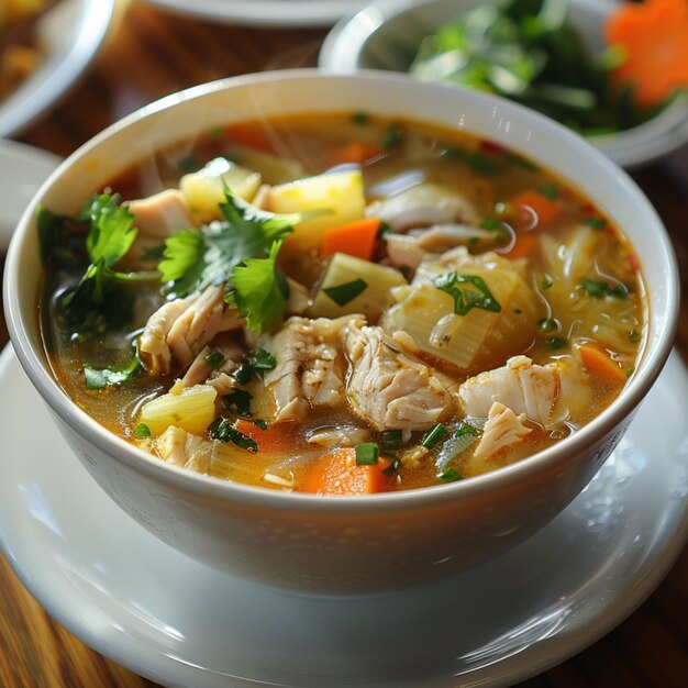 Foto un tazón de sopa con un tazó de supa con una cuchara en él