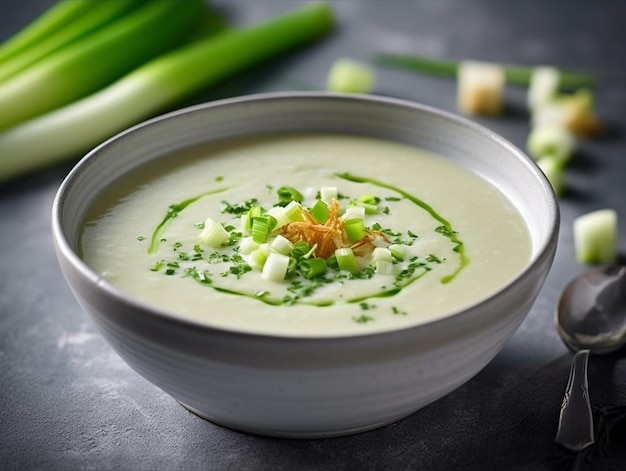 Un tazón de sopa con un tazón De sopa con una cuchara en él.