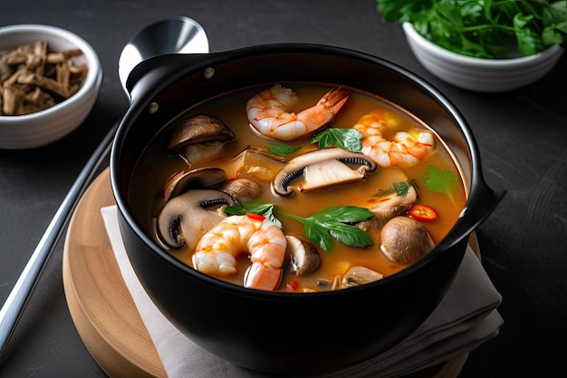 Tazón de sopa de tom yam con camarones y champiñones listo para servir creado con ai generativo