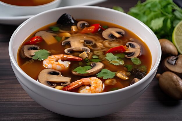 Tazón de sopa de tom yam con camarones y champiñones listo para servir creado con ai generativo