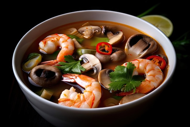 Tazón de sopa de tom yam con champiñones camarones y limoncillo creado con inteligencia artificial generativa