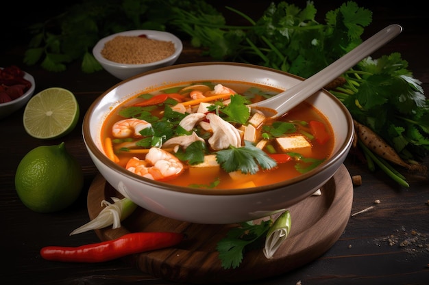 Tazón de sopa tom yam con ingredientes adicionales para agregar sabor y textura creados con ai generativa