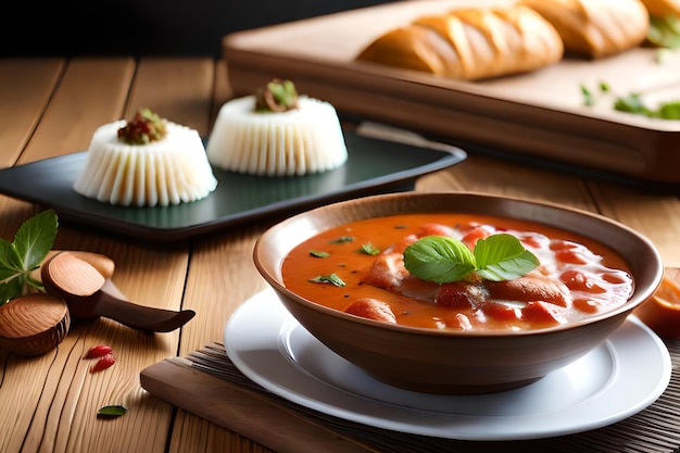 Un tazón de sopa de tomate con algunos otros platos en una mesa