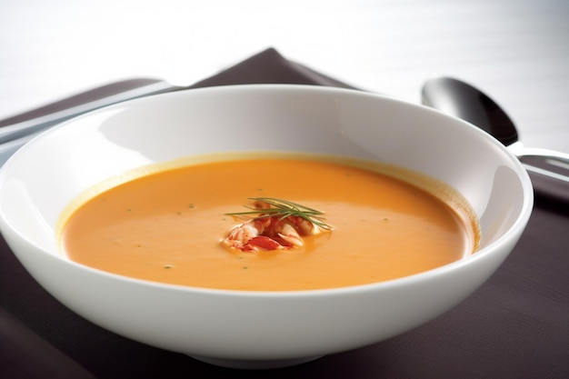 Un tazón de sopa de tomate con una guarnición de romero encima.