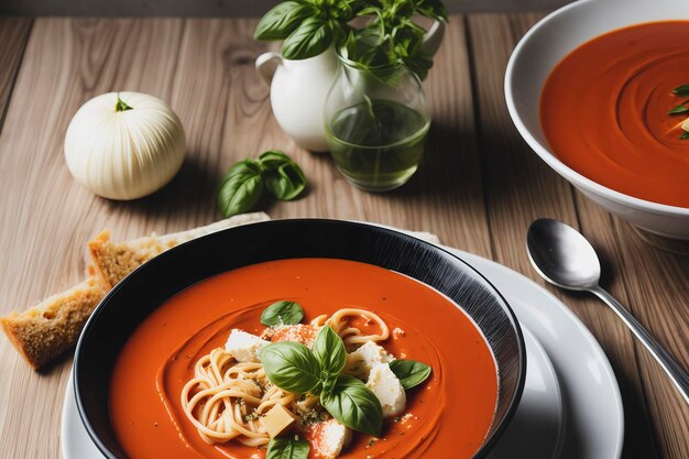 Tazón de sopa de tomate con pasta y perejil