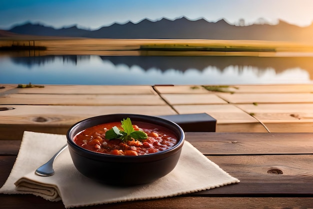 Un tazón de sopa de tomate se sienta en una mesa al lado de un lago.