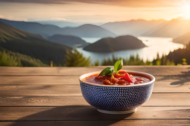 Un tazón de sopa de tomate se sienta en una mesa con una vista de una cadena montañosa en el fondo.