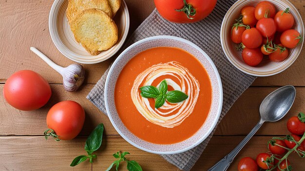 Foto un tazón de sopa de tomate con una sopa de tomate y una cuchara