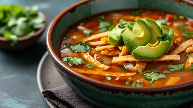 Foto un tazón de sopa de tortilla picante con tiras de tortilla crujientes y aguacate fresco