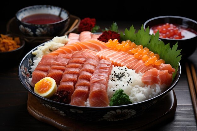 Tazón de sushi chirasi con sashimi sobre arroz generativo IA