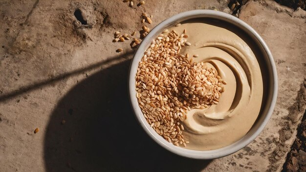 Foto un tazón de tahini con semillas de sésamo en una superficie de hormigón