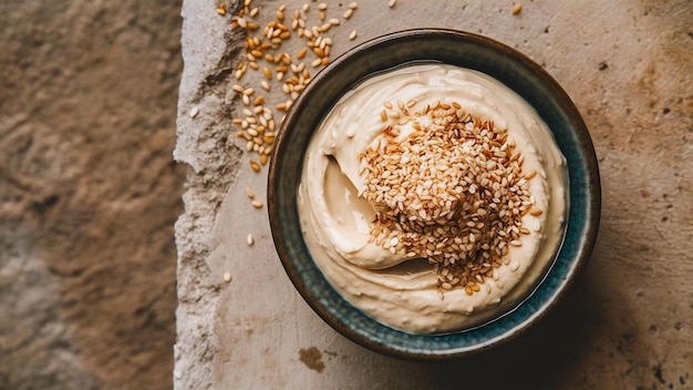 Un tazón de tahini con semillas de sésamo en una superficie de hormigón