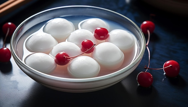 Foto un tazón de tangyuan tradicional chino lleno de pasta de sésamo dulce y flotando en una piscina