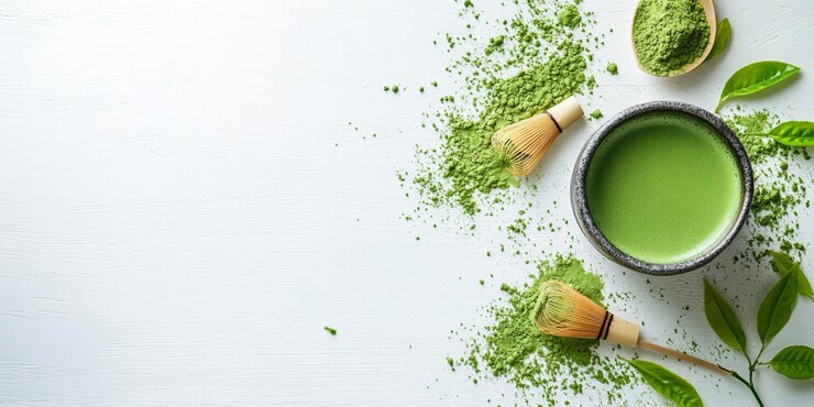 un tazón de té verde con salpicaduras verdes en el lado