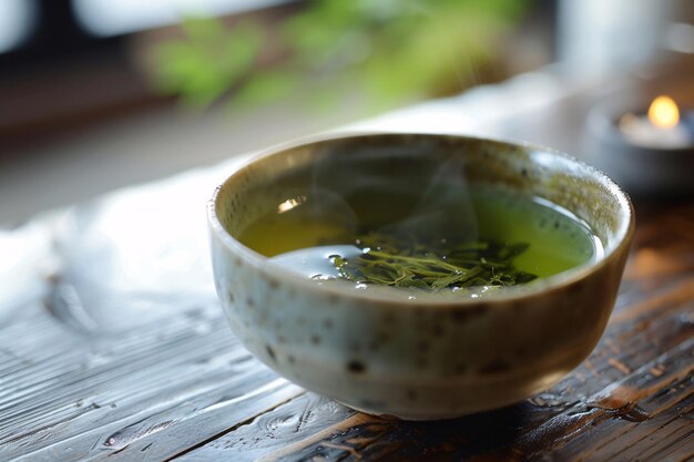 Foto un tazón de té verde está sentado en una mesa